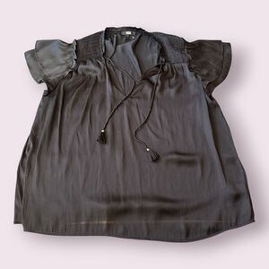 Paige Blouse Top Women Small Black Smocked Detail Flutter Sleeve Ruffle Tie Neck